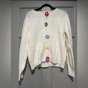 White and Red Cardigan with Playful Floral Accents